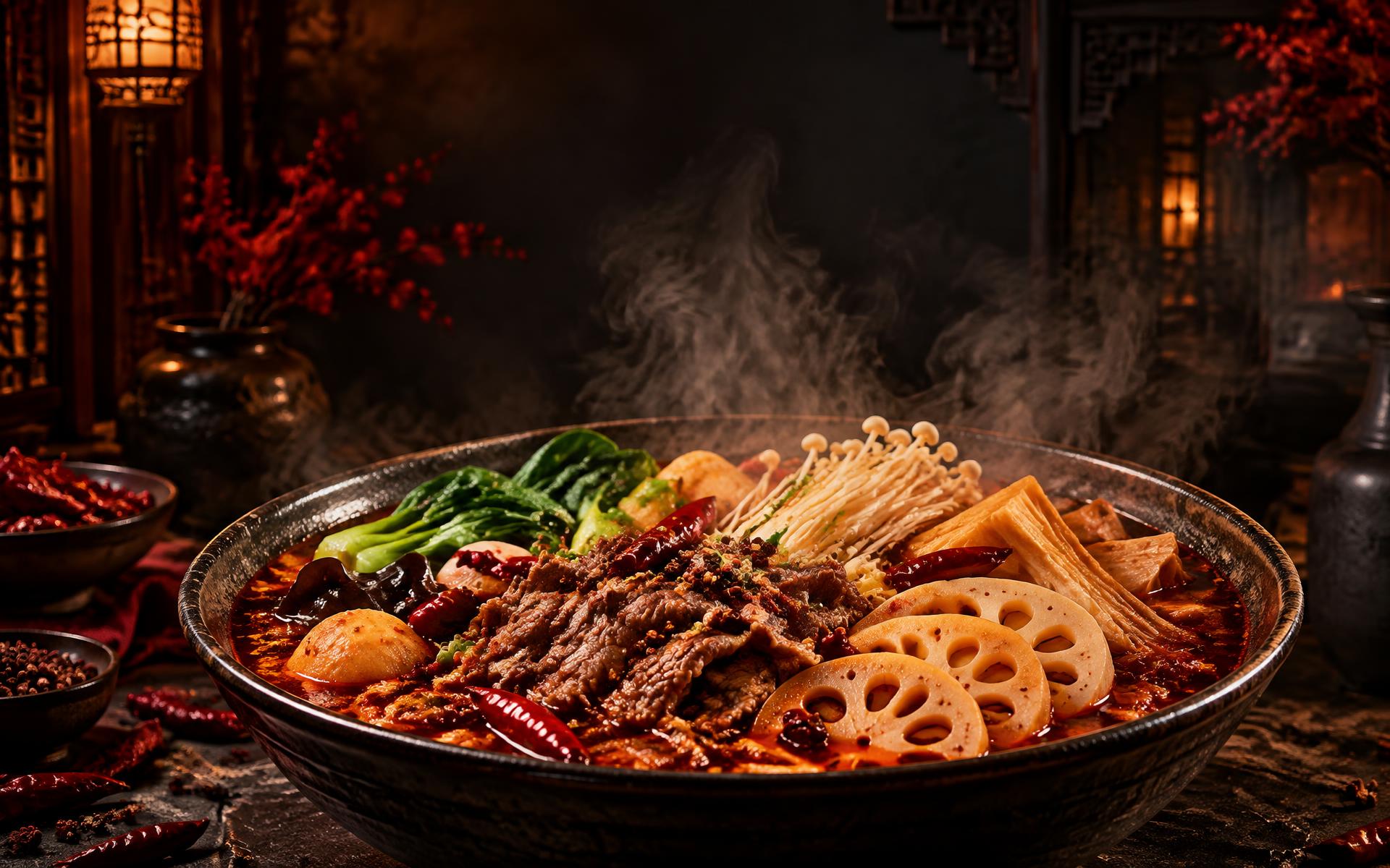 Steaming bowl of Sichuan malatang with beef, vegetables and chilli